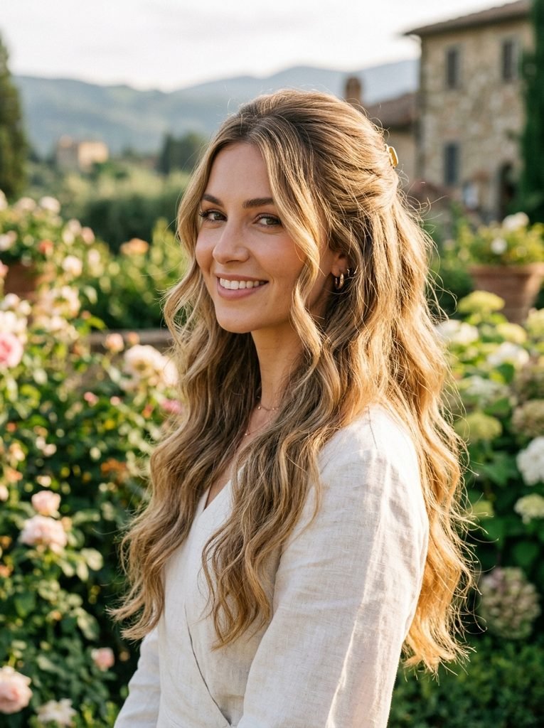 Half-up long hairstyle with loose face-framing pieces