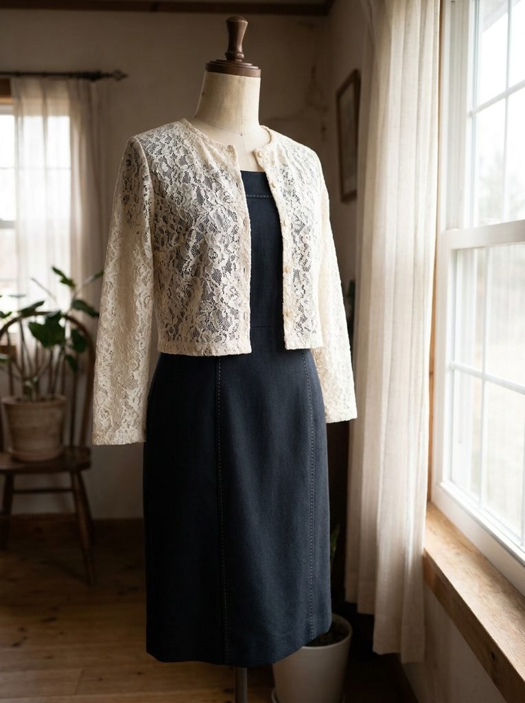 A cropped fitted lace bolero jacket styled over a structured formal dress