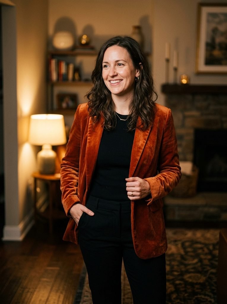 A burnt orange velvet blazer worn over an all-black outfit for a seasonal Halloween look