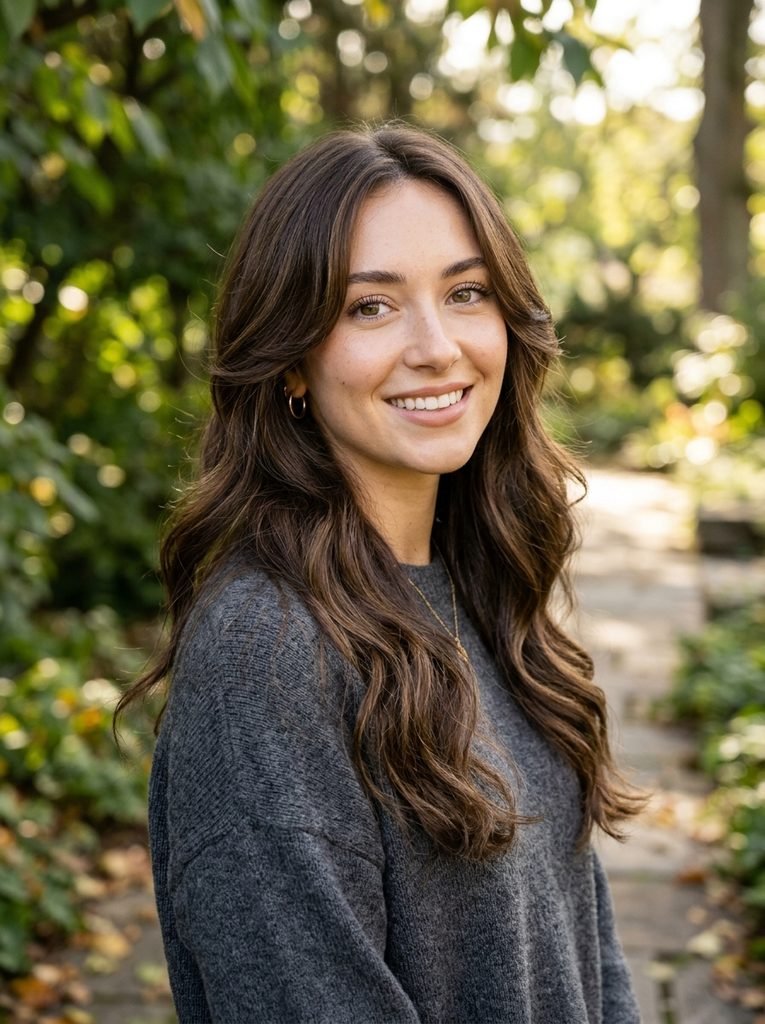 Long brunette hair with soft cheekbone-length face-framing pieces
