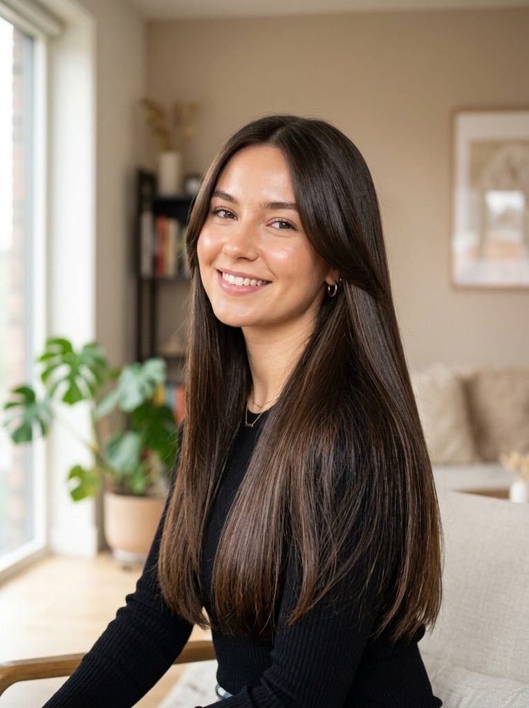 Long glossy straight hair with subtle face framing