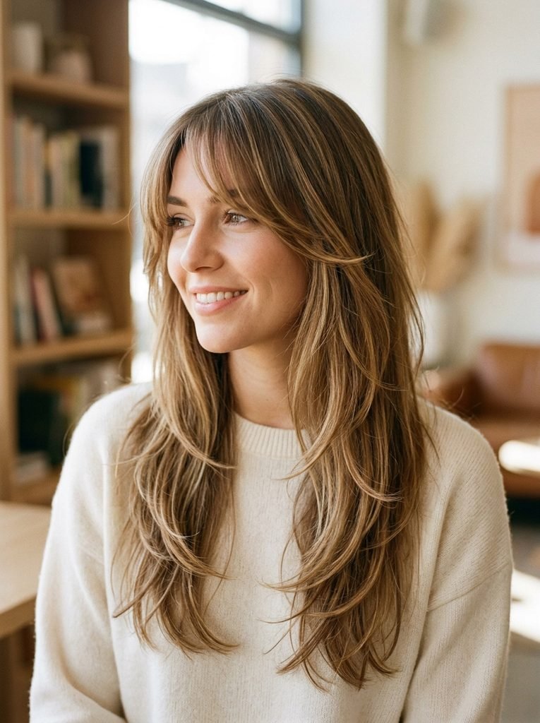Long layered hair with soft side-swept bangs