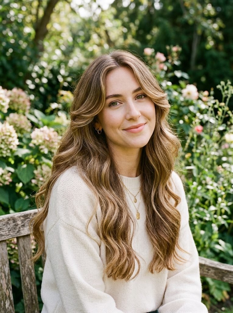 Long soft waves with visible face-framing pieces