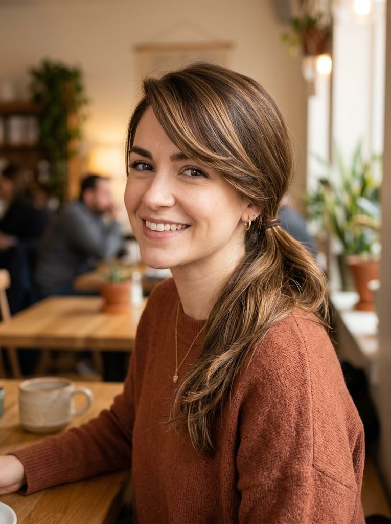 Low ponytail with long side-swept bangs