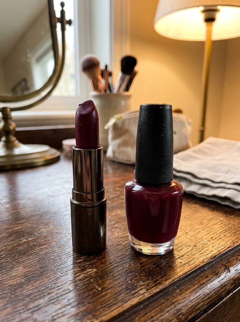 Deep burgundy lipstick and dark nail polish used as Halloween-appropriate beauty choices