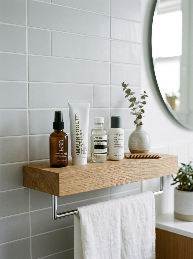 Minimal set of lightweight hair styling products on a bathroom shelf