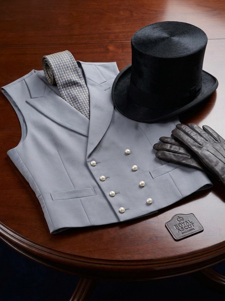 Morning dress waistcoat, tie, and top hat laid out for Royal Ascot