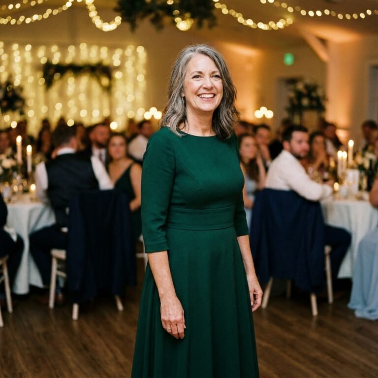 Mother of the bride wearing a fitted emerald green floor-length dress with defined waist