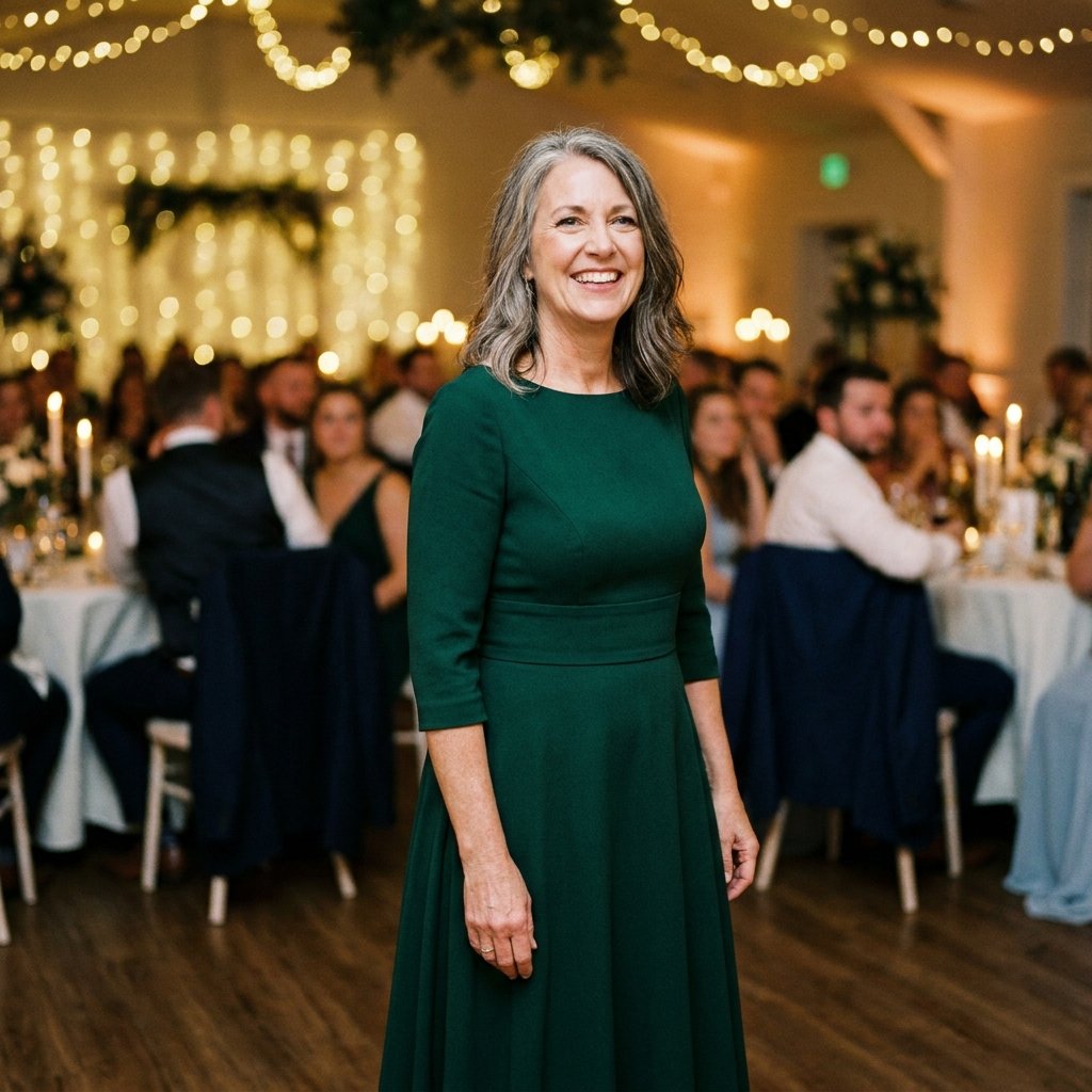 Mother of the bride wearing a fitted emerald green floor-length dress with defined waist