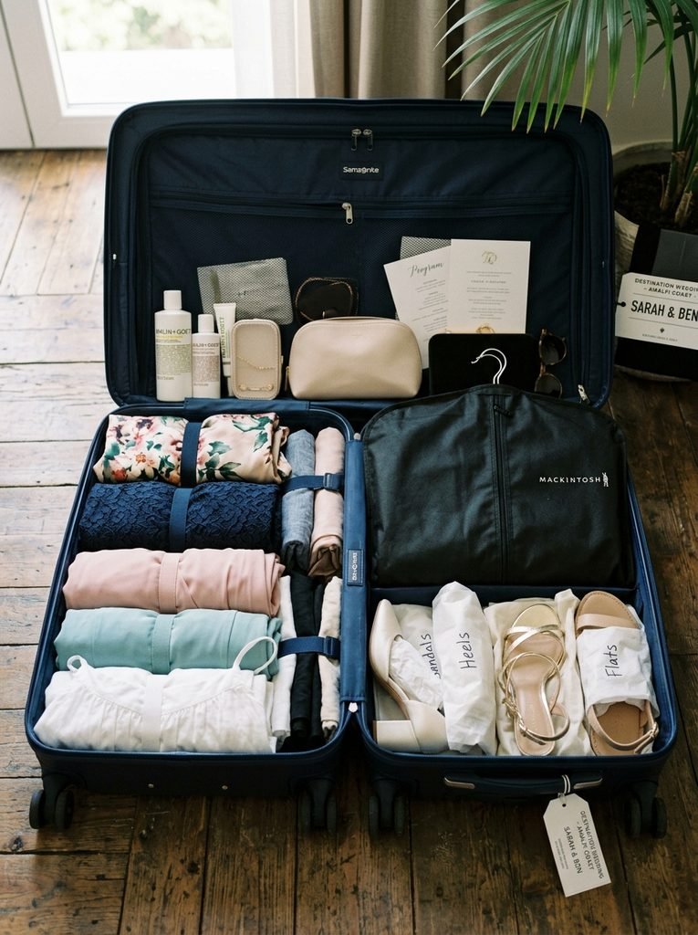 Neatly packed suitcase with folded dresses, a garment bag, and wrapped shoes for a destination wedding trip
