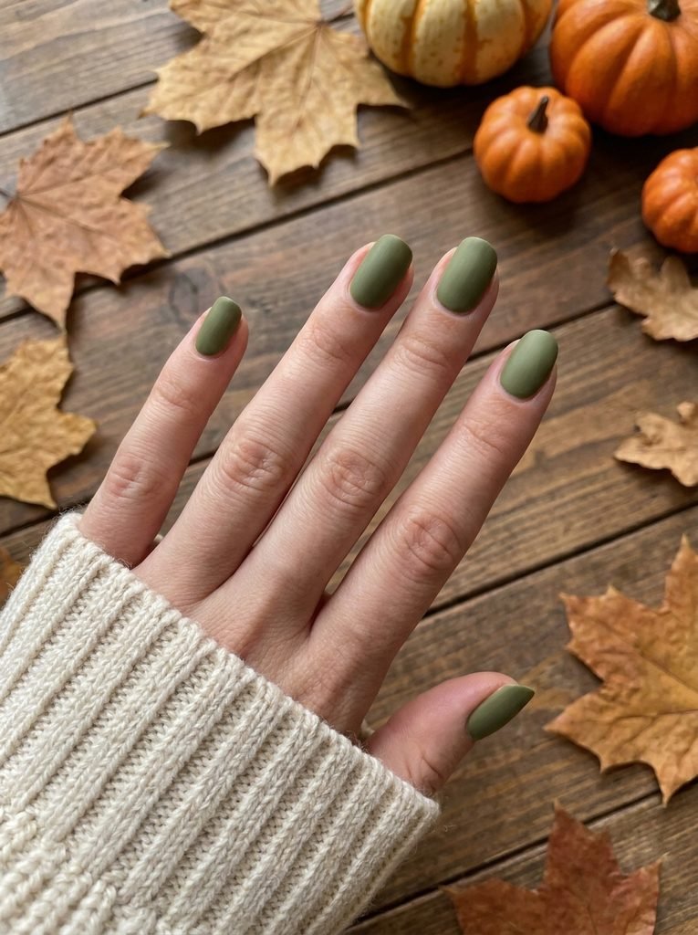 Olive green matte nails as a fall manicure idea