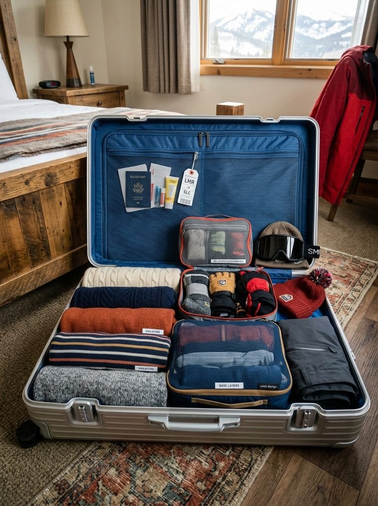 Open suitcase packed with rolled sweaters and packing cubes for a ski trip