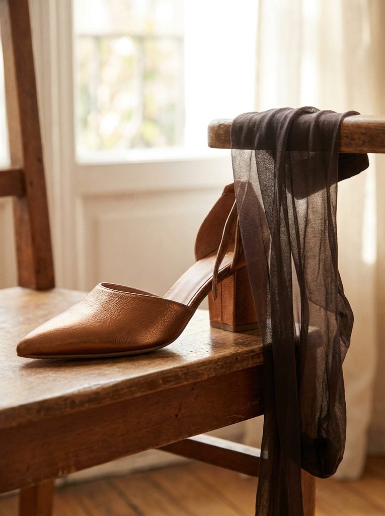 A pointed-toe bronze heel and sheer hosiery styled for a formal wedding outfit