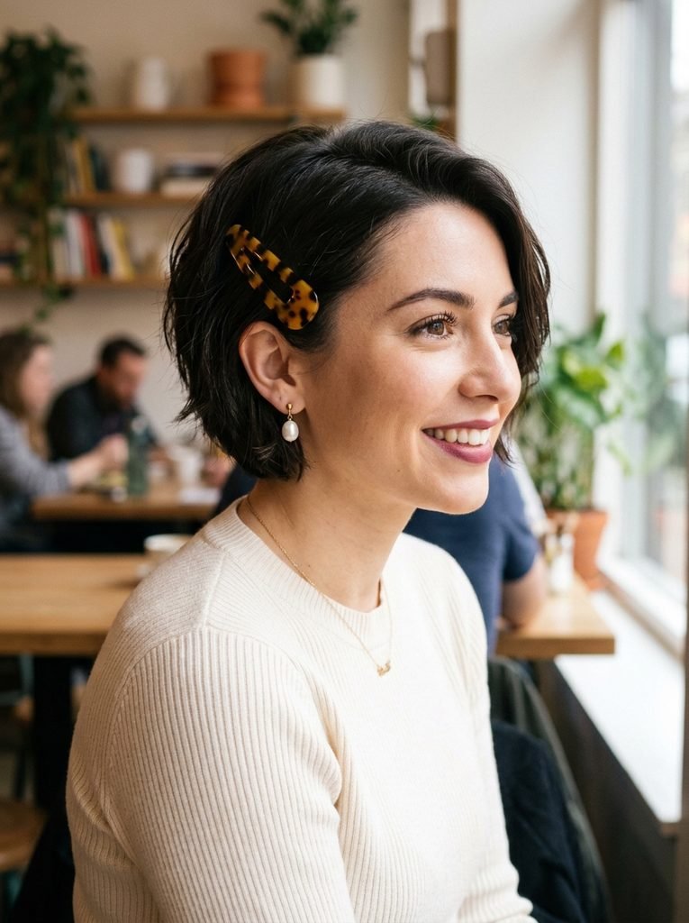 Short bob with a tortoiseshell barrette above the ear and pearl earring