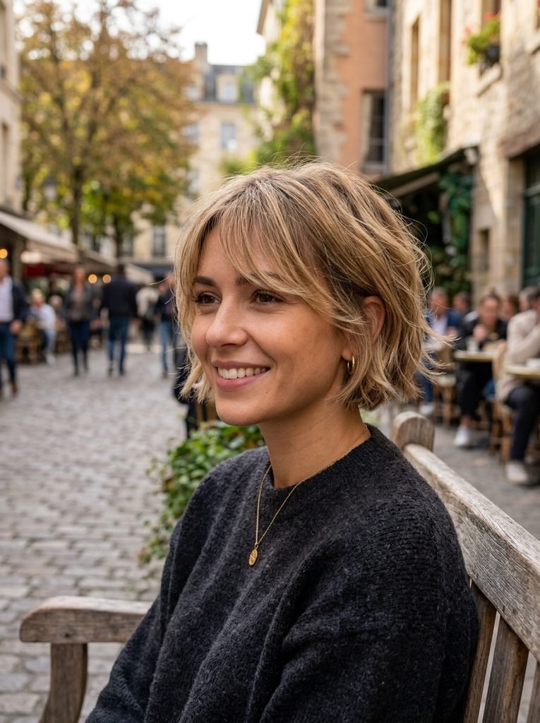 Short textured bob with wispy side bangs