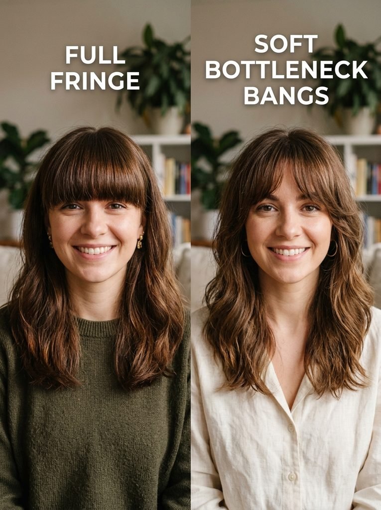 Side-by-side comparison of a full fringe and soft bottleneck bangs on two women with brown hair