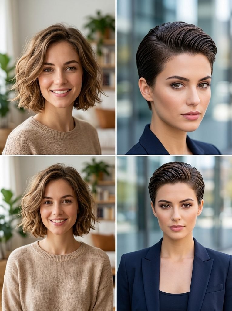 Side-by-side comparison of a soft natural bob and a stiff heavily sprayed short hairstyle