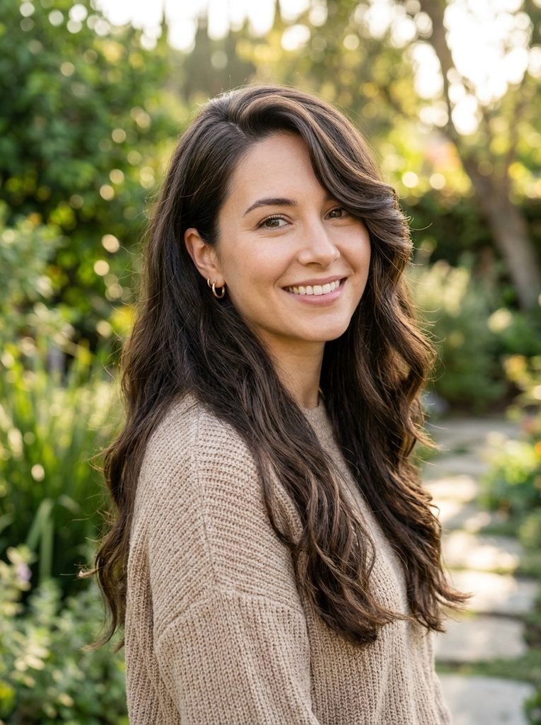 Side-parted long hair with one soft face-framing sweep