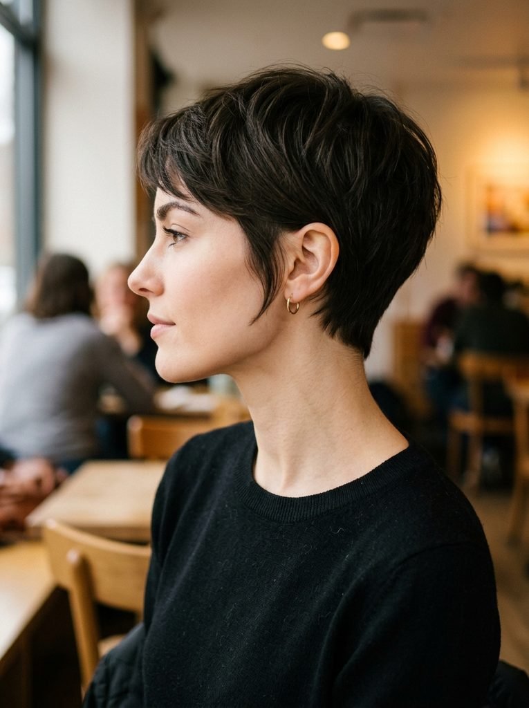 Side profile of a short pixie cut showing how hair frames the jaw and neck