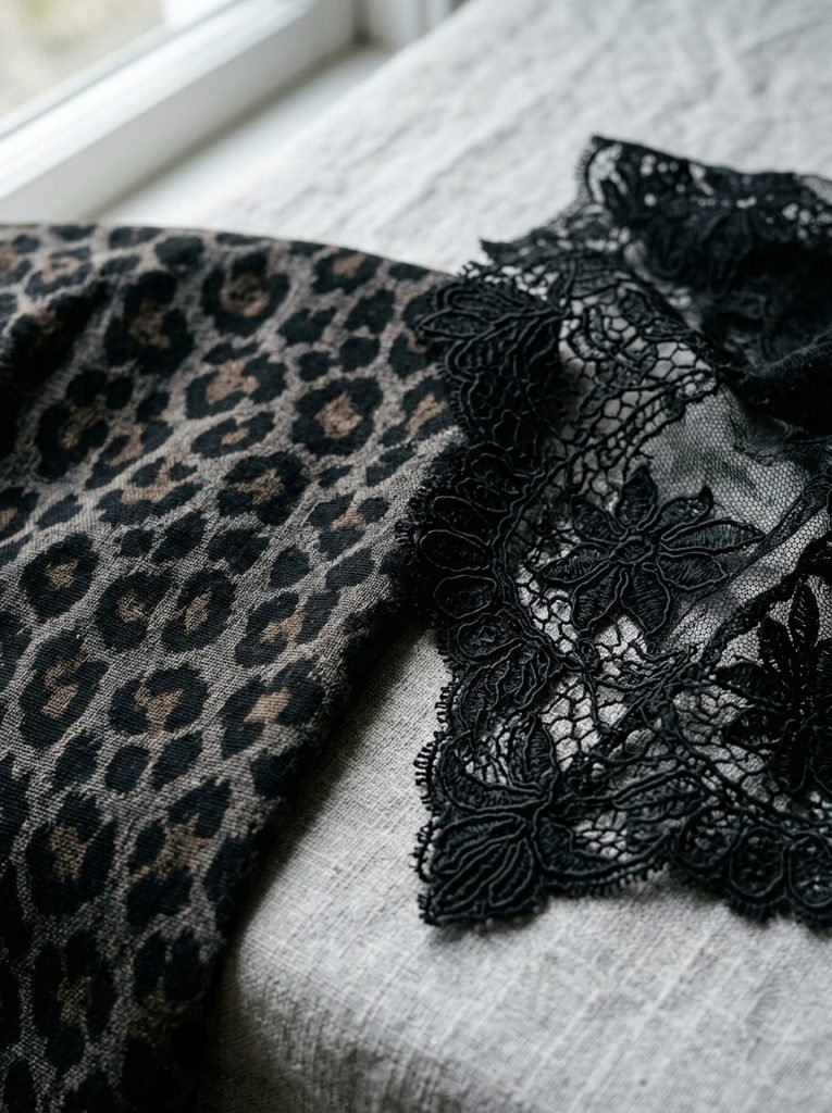 Leopard print and black lace fabric swatches used for a subtle Halloween-appropriate outfit