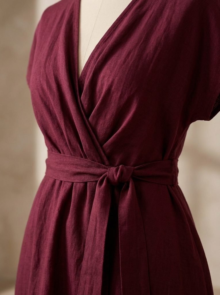 Close-up of a wrap dress waist tie detail in deep wine colored fabric