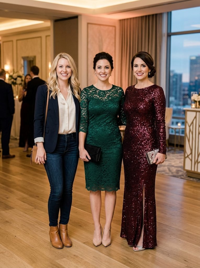 Three women dressed in smart casual, cocktail, and formal attire side by side for comparison