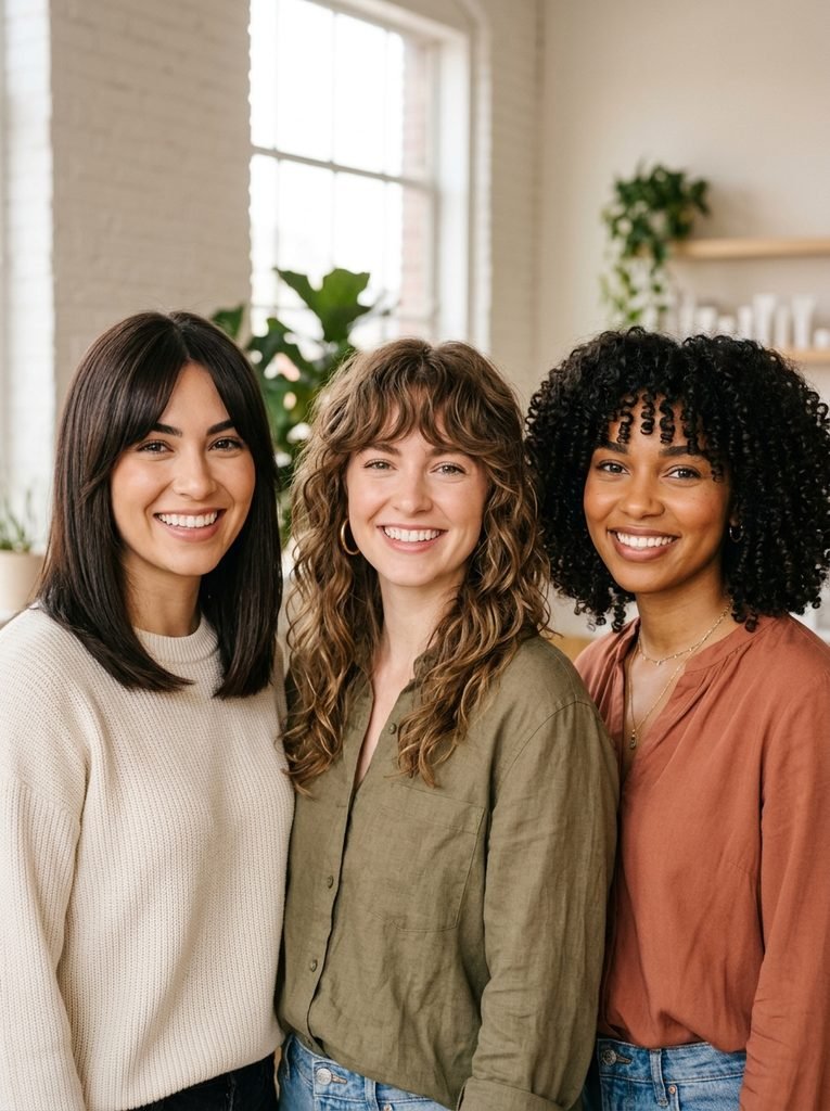 Three women showing bottleneck bangs on straight, wavy, and curly hair textures