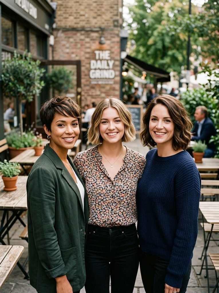 Three women showing pixie, chin-length bob, and collarbone-length short hairstyles