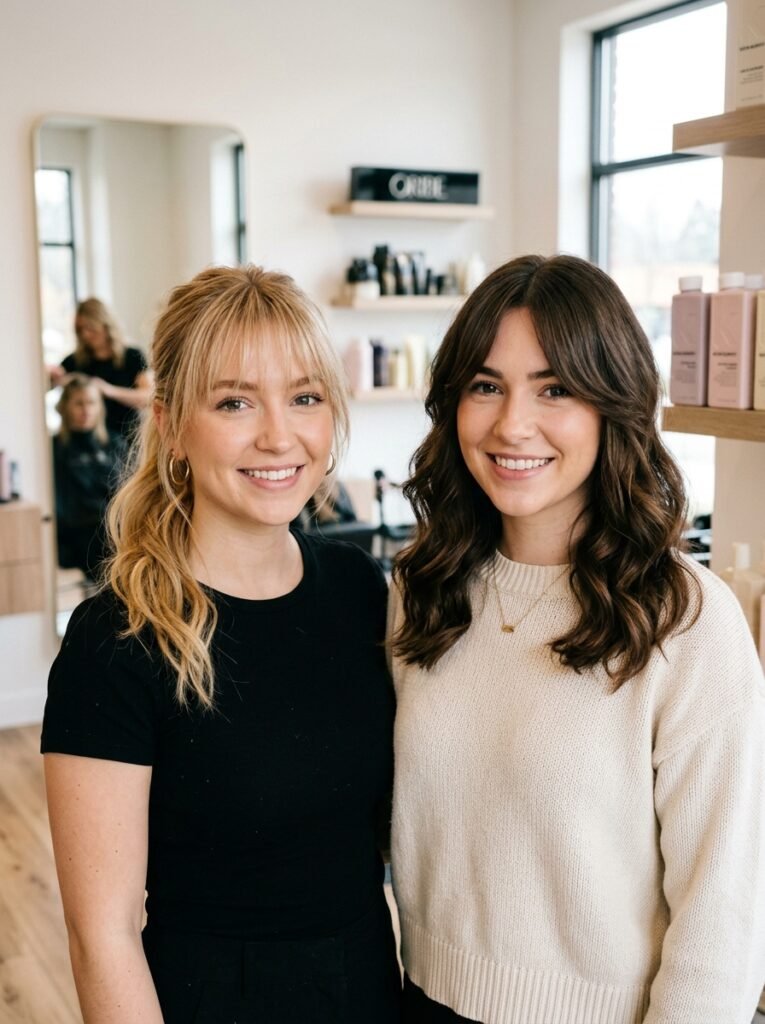 Two women showing wispy bangs and curtain bangs side by side to compare the finish of each fringe
