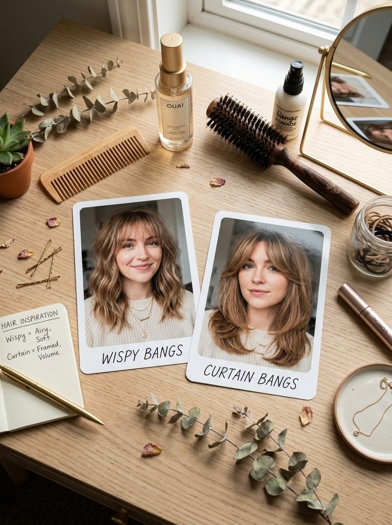 Vanity flat lay with reference photos comparing wispy bangs and curtain bangs