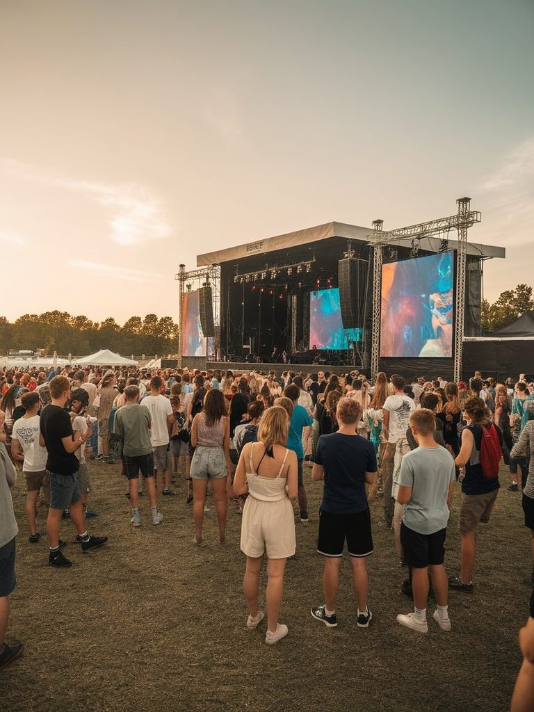 Wide shot of a general admission crowd at an outdoor festival during golden hour