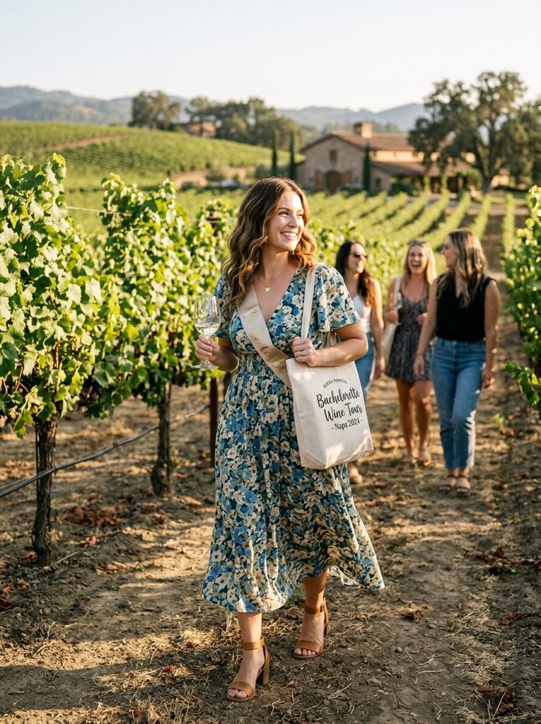 Woman in a midi dress and block heels walking through a vineyard during a wine country bachelorette trip