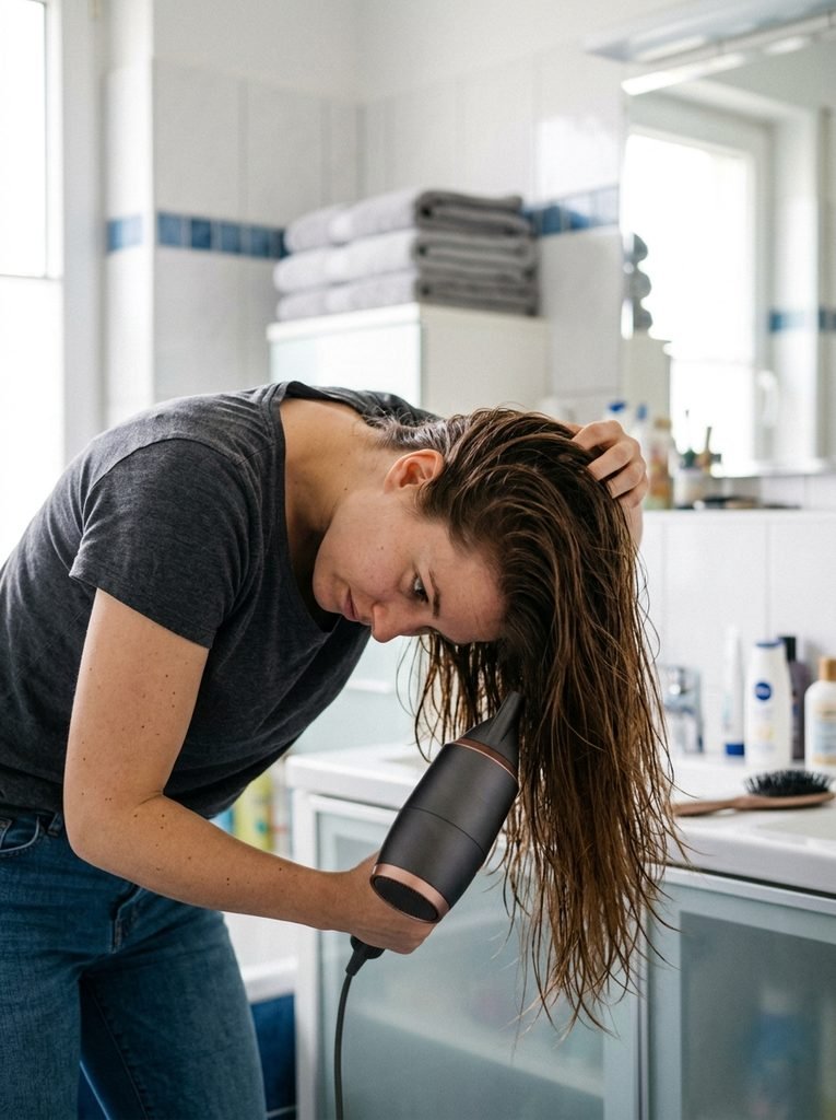 Woman blow-drying her hair with her head tipped forward for root volume
