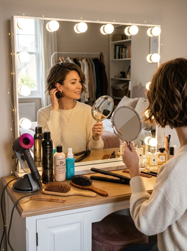 Woman checking her short bob in a vanity mirror with styling products nearby