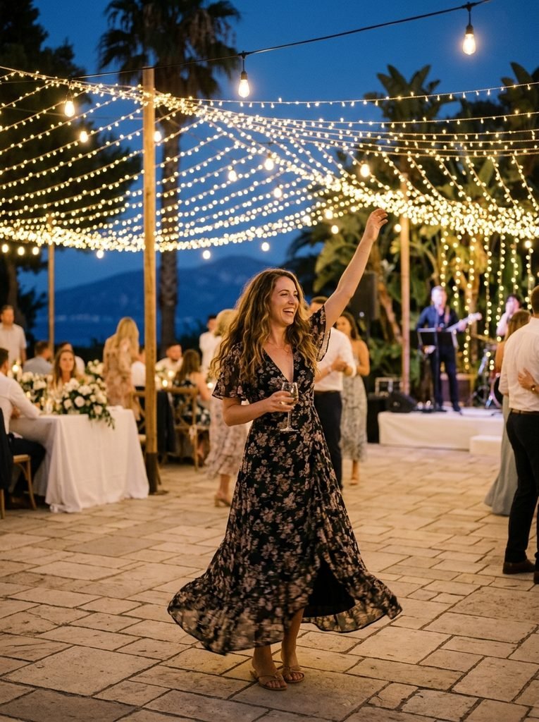 Woman dancing at an outdoor destination wedding reception under string lights