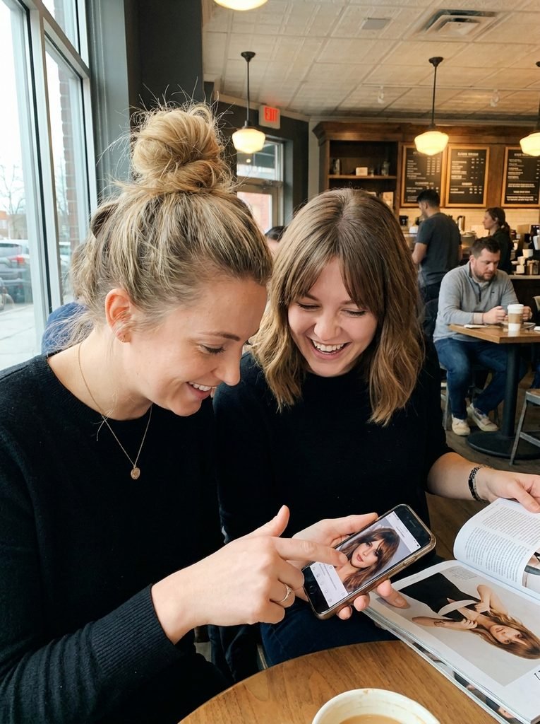 Woman discussing a curtain bangs reference photo with her hairstylist in a salon