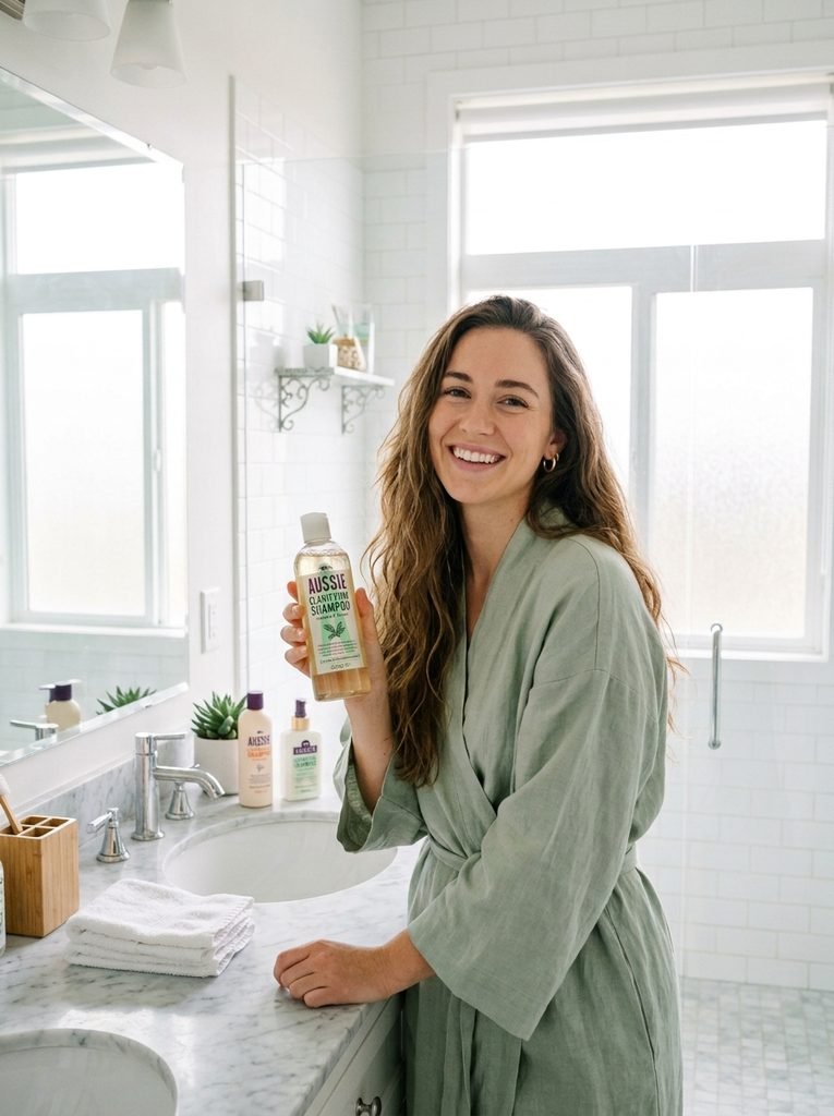Woman holding a bottle of clarifying shampoo in a bright bathroom
