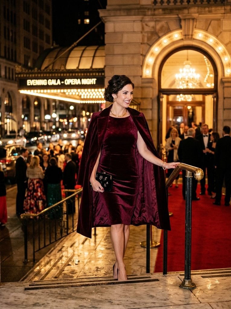 Woman in a burgundy velvet cocktail dress and coat arriving at an evening event
