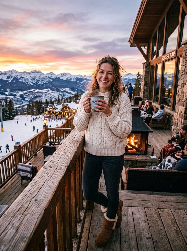 Woman in a cream sweater and shearling boots holding a mug on a ski lodge patio at sunset look like real time image 