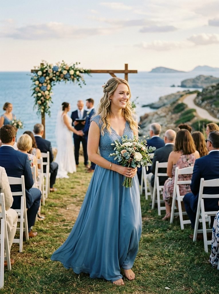 Woman in a floor-length dusty blue dress at an outdoor destination wedding ceremony