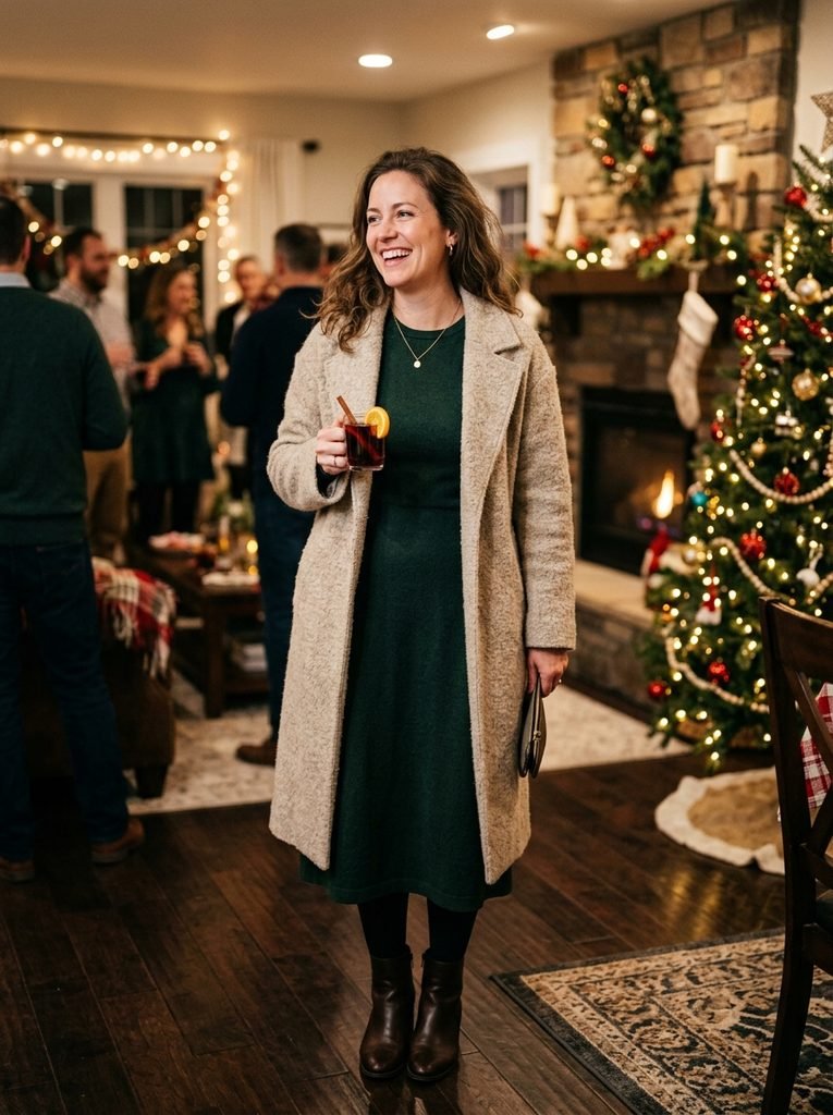 Woman in a green midi dress and wool coat dressed for a Christmas Eve gathering