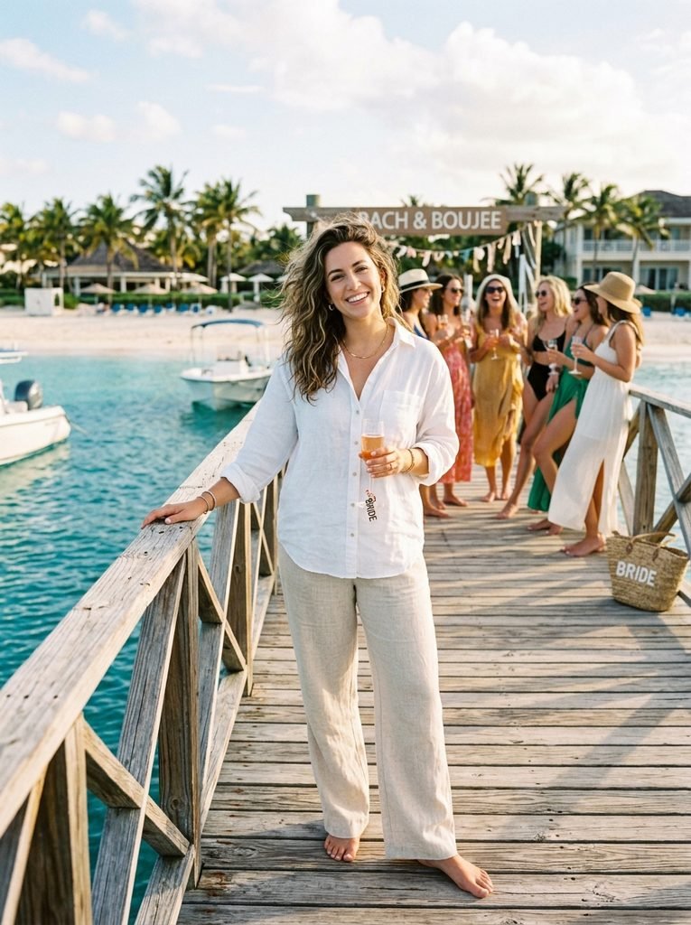 Woman in a linen shirt and wide-leg pants standing on a dock during a beach bachelorette trip