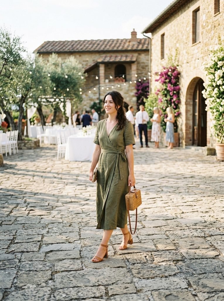 Woman in a linen wrap dress and block heels walking across a stone courtyard at a European wedding venue