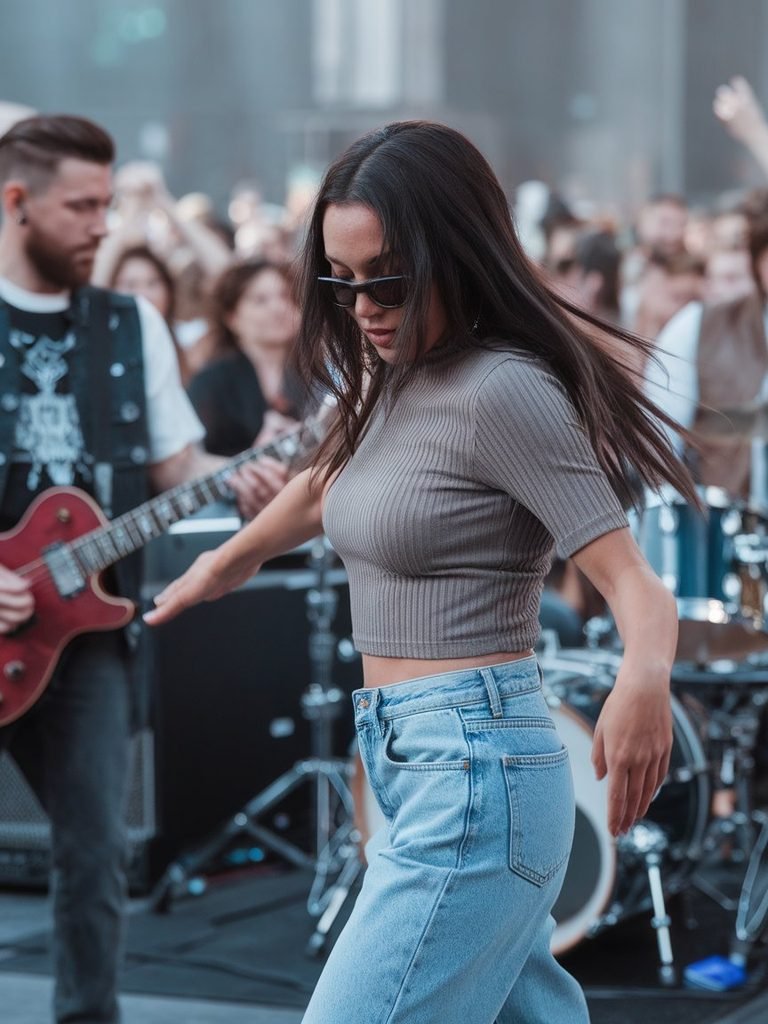 Woman in a ribbed knit top and stretch denim dancing at a concert