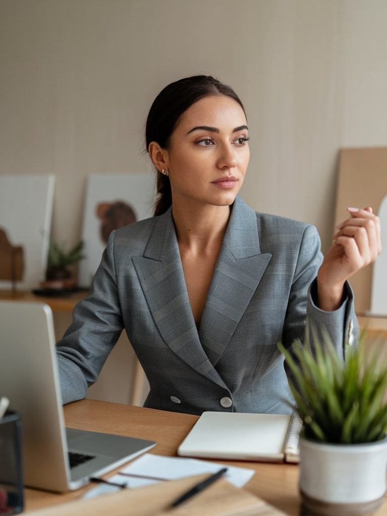 Woman in a structured blazer preparing for a video job interview at a desk