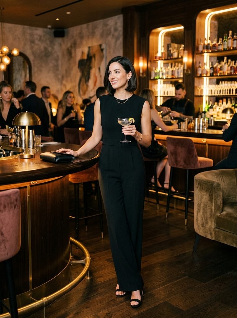 Woman in a tailored black jumpsuit at a modern cocktail lounge