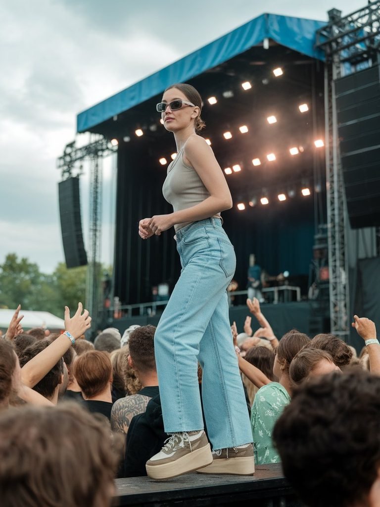 Woman in a tank top, jeans, and platform sneakers standing in a crowd at an outdoor concert