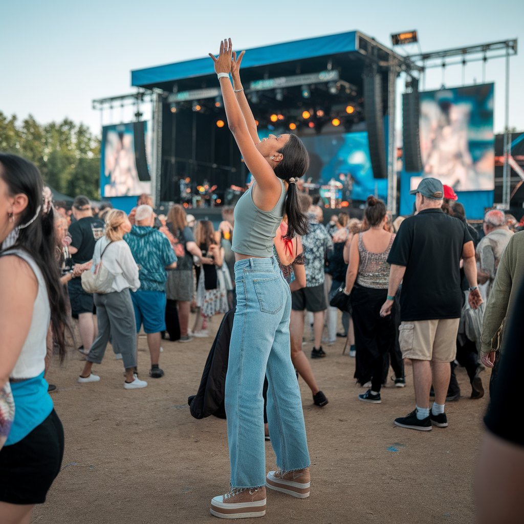 Woman in a tank top, jeans, and platform sneakers standing in a crowd at an outdoor concert