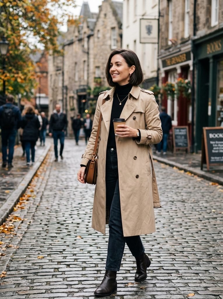 Woman in a trench coat with a tucked-behind-the-ear bob and soft side part