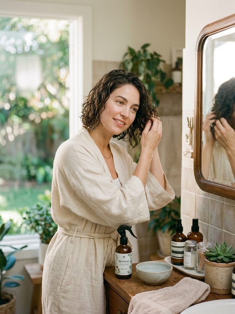 Woman refreshing her short wavy bob with damp fingers in soft morning light